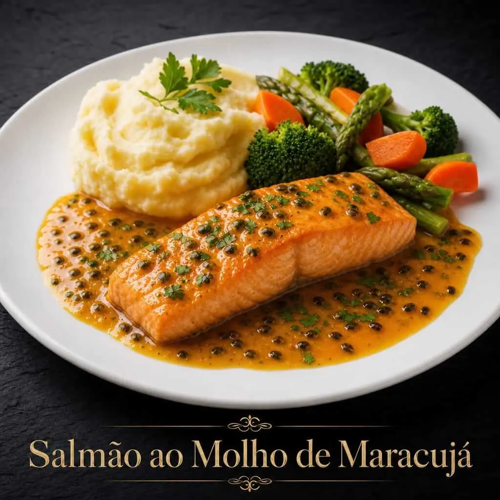 Salmão ao molho de maracujá com purê e legumes